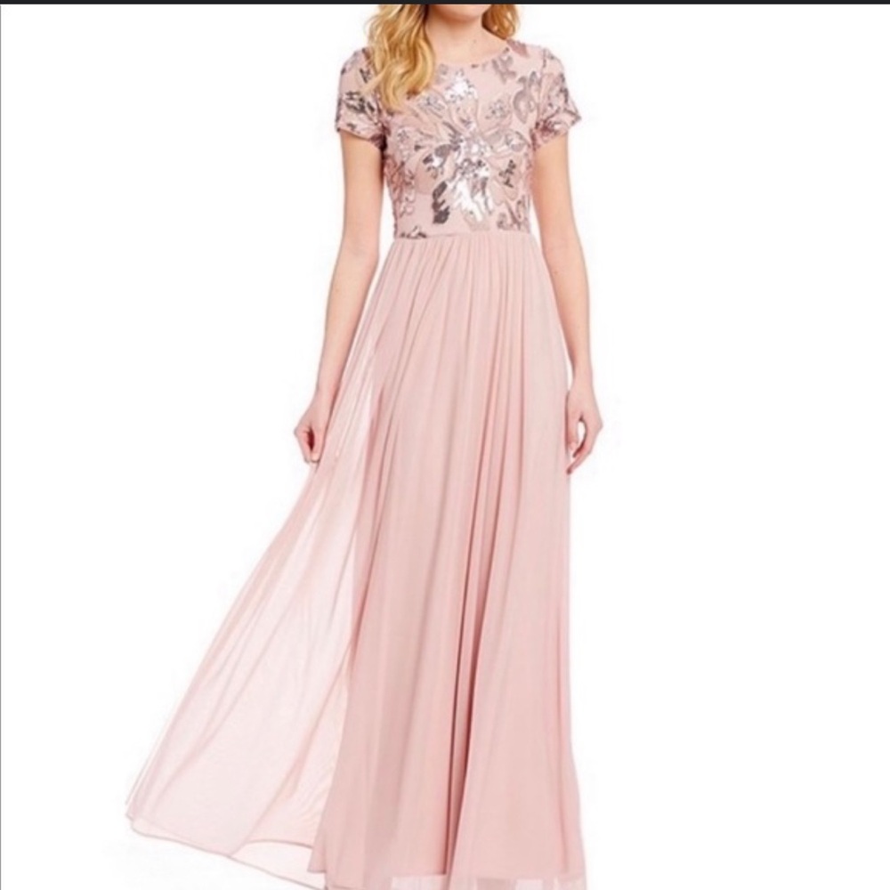 Betsy & Adam Pink Flutter Sleeve Maxi Gown
